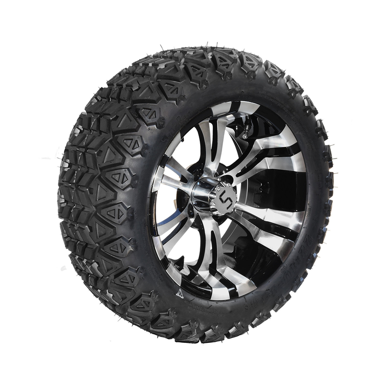 Il carretto di golf a 14 pollici lavorato del nero di lucentezza spinge e stanca 22x10-14 tutto il PUNTO del terreno