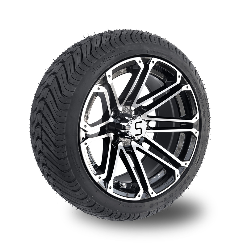 le ruote del carretto di golf 14x7 e la gomma combinata della via 225/30-14 delle gomme hanno lavorato il nero a macchina lucido