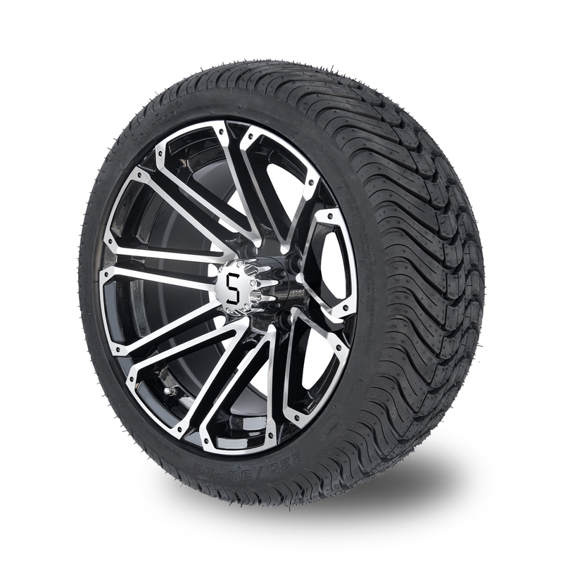 le ruote del carretto di golf 14x7 e la gomma combinata della via 225/30-14 delle gomme hanno lavorato il nero a macchina lucido