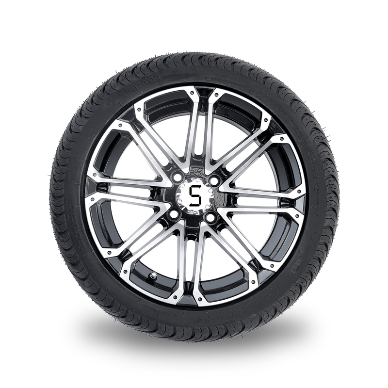 le ruote del carretto di golf 14x7 e la gomma combinata della via 225/30-14 delle gomme hanno lavorato il nero a macchina lucido