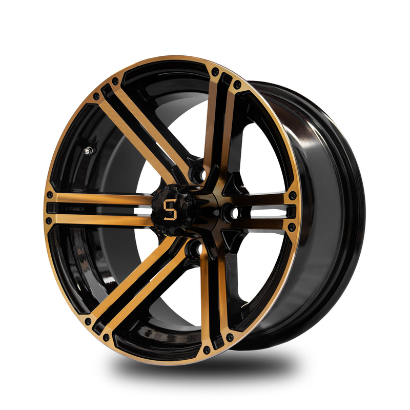 12x7 / il carretto di golf 14x7 spinge l'oro/nero 4/101,6 PCD -25 di lucentezza ET