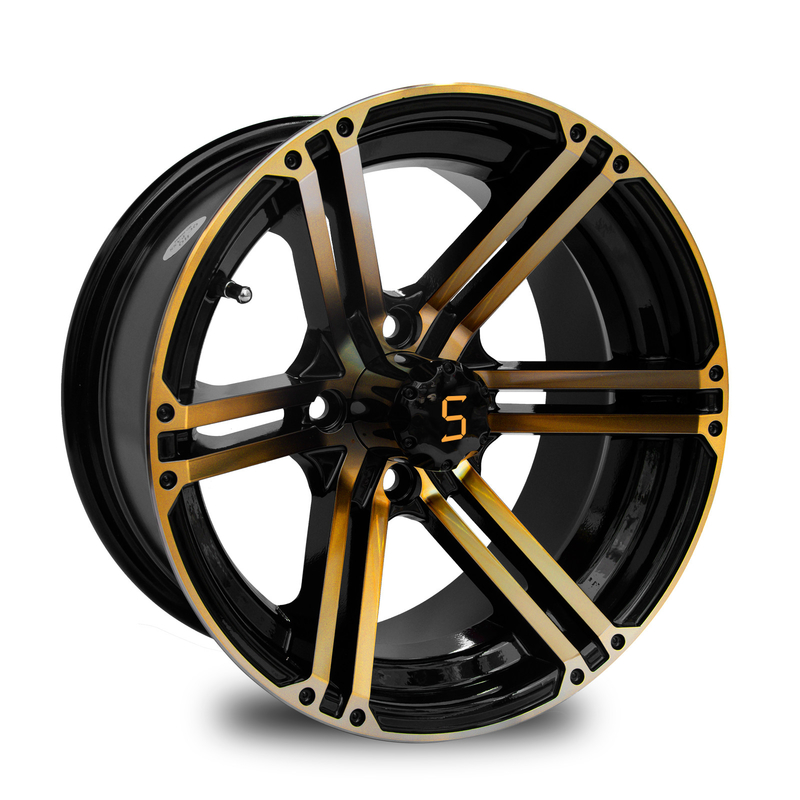 12x7 / il carretto di golf 14x7 spinge l'oro/nero 4/101,6 PCD -25 di lucentezza ET