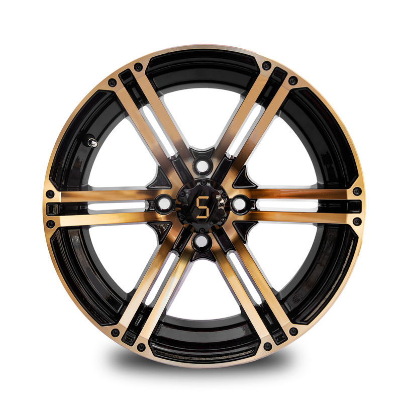 12x7 / il carretto di golf 14x7 spinge l'oro/nero 4/101,6 PCD -25 di lucentezza ET