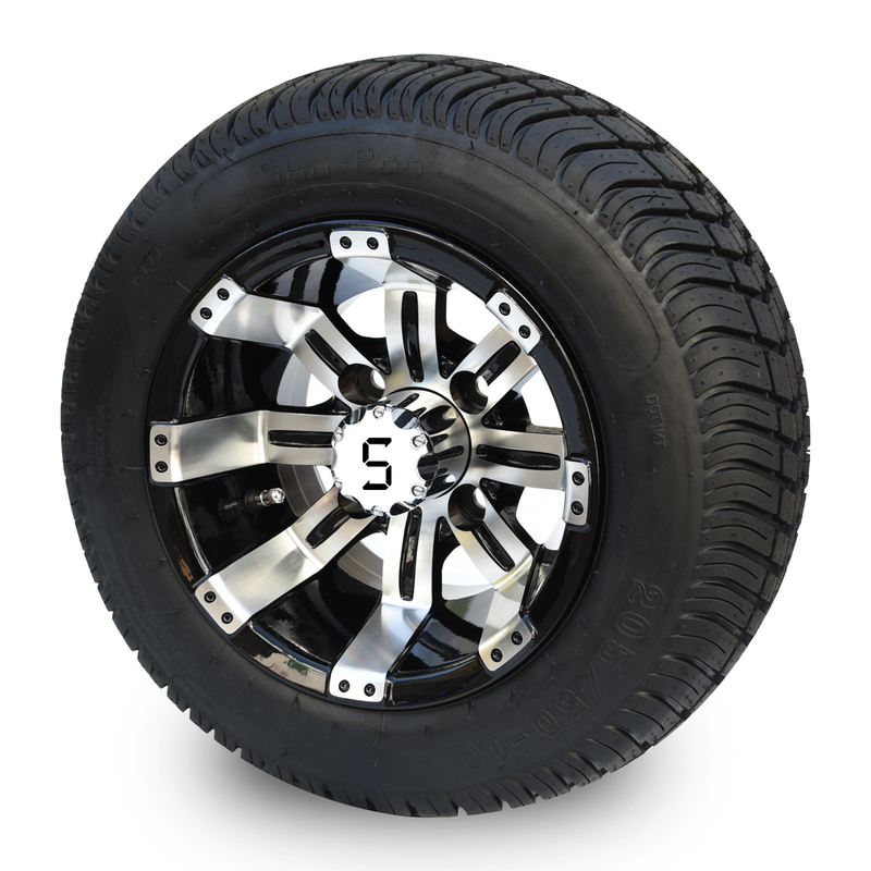 10' Golf Cart Rim And 205/50-10 DOT Street Tire Assembly - Macchinato/Nero lucido